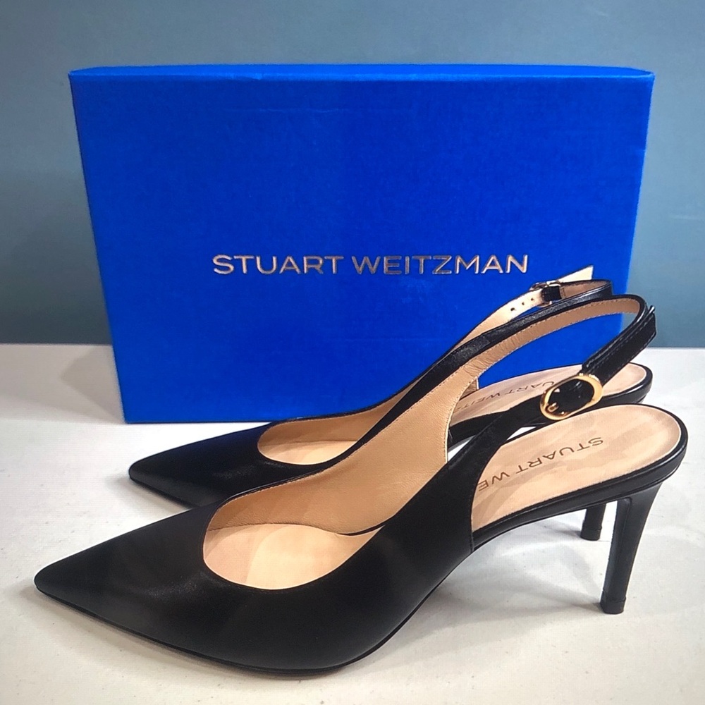 Stuart Weitzman Black Leather Pointed Slingback Pumps - Picture 3 of 5